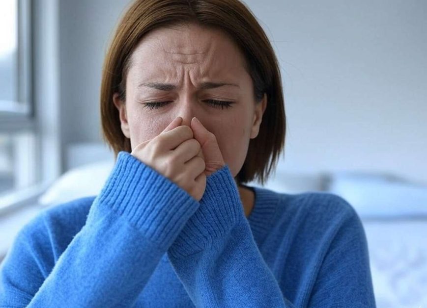 Sinusite : Causes, Symptômes et Traitements Femme se tenant le nez à cause de la douleur des Sinusite