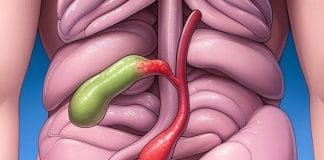 Cholécystite – Symptômes, Causes et Traitement Illustration médicale en 3D montrant l'inflammation de la vésicule biliaire (cholécystite) dans le contexte anatomique des organes abdominaux, avec la vésicule biliaire en vert et les canaux biliaires en rouge, démontrant clairement la localisation et l'aspect de l'inflammation