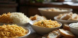 Glucides simples vs complexes : Fonction et exemples Différents types de glucides servis dans des bols blancs sur une table en bois rustique - pâtes jaunes, fromage râpé blanc et tranches de pain, illustrant la variété des glucides complexes et simples dans l'alimentation