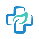 Logo de NatureSain : une croix bleue aux bras courbés avec une forme de feuille vert sarcelle au centre.
