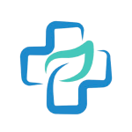 Logo de NatureSain : une croix bleue aux bras courbés avec une forme de feuille vert sarcelle au centre.