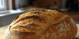 Le Pain au Levain : Est-il Bon pour la Santé ? Pain au levain artisanal entier photographié sur une surface en bois clair. La croûte est dorée et craquelée, avec des scarifications (entailles) décoratives sur le dessus qui forment un motif élégant. La surface est généreusement saupoudrée de farine blanche, créant un contraste rustique. Le pain présente une belle forme ronde et bombée, caractéristique d'une cuisson traditionnelle au levain.