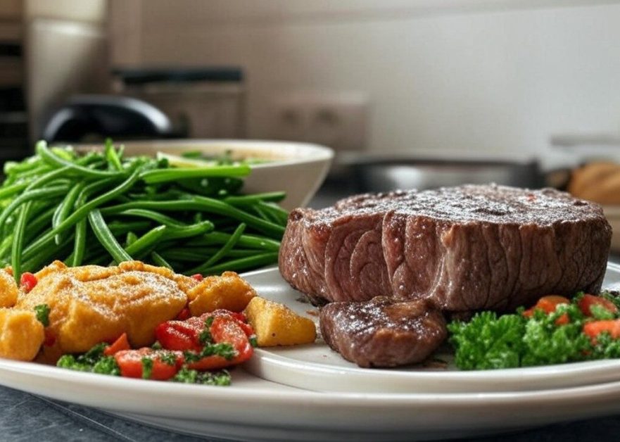 Le Régime Atkins : Tout Ce Que Vous Devez Savoir Un steak épais cuit à point servi avec des haricots verts frais, des pommes de terre sautées dorées et des garnitures de tomates cerises et de brocoli sur une assiette blanche. Le plat illustre parfaitement un repas équilibré du régime Atkins avec des protéines, des légumes verts et des accompagnements colorés.