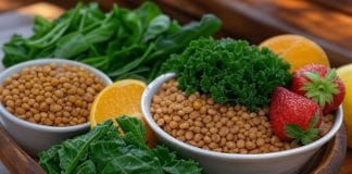 Acide folique et grossesse Aliments riches en acide folique : bols de lentilles, chou frisé vert, oranges et fraises disposés sur un plateau en bois rustique - sources naturelles de folate pour la grossesse