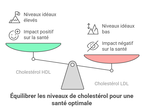 Illustration d'une balance comparant le cholestérol HDL et LDL, avec des étiquettes indiquant l'impact positif du HDL (niveaux élevés) et l'impact négatif du LDL (niveaux bas) sur la santé.