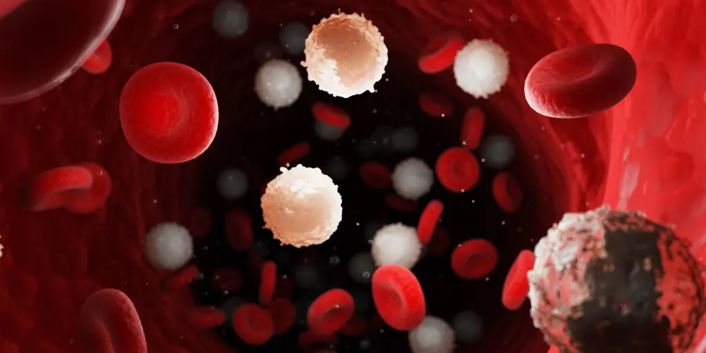 Cellules sanguines en 3D montrant des globules blancs anormaux et des globules rouges dans un vaisseau sanguin, illustrant la leucémie
