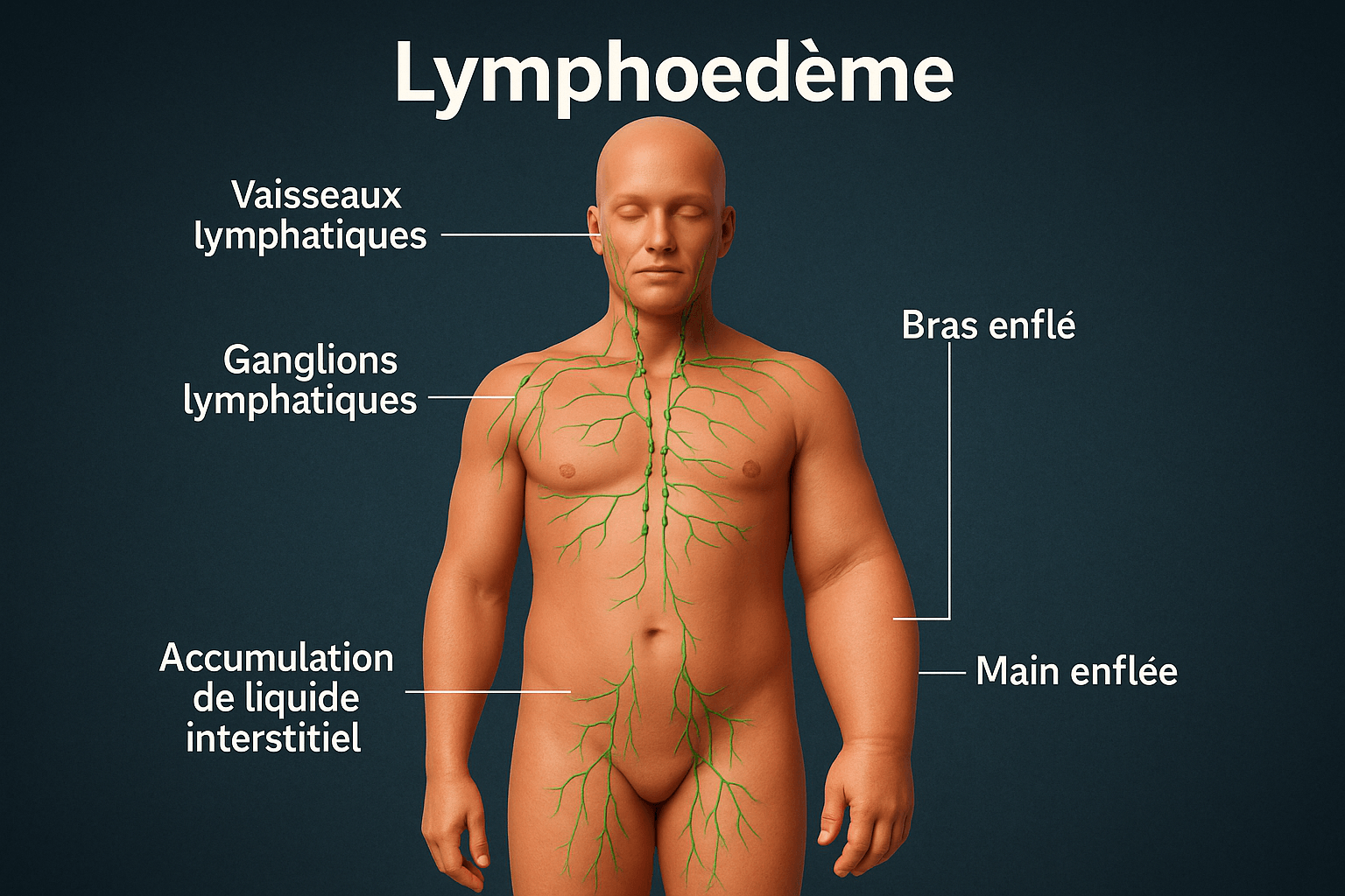 Lymphœdème : Symptômes, Causes et Traitement Illustration médicale du lymphœdème montrant un corps humain avec vaisseaux lymphatiques, ganglions, bras et main enflés, et accumulation de liquide interstitiel.