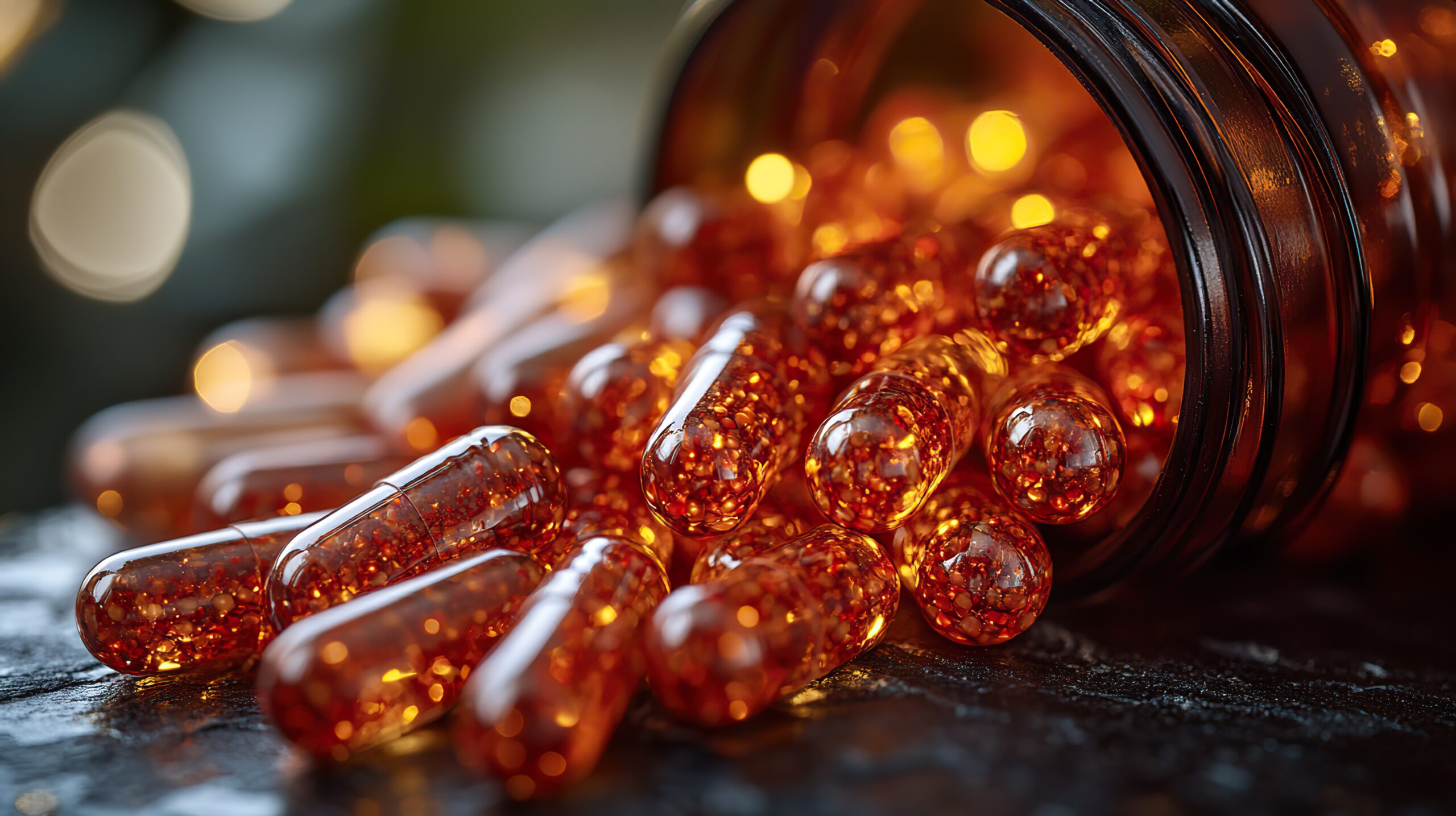 Cholestérol HDL : Comment augmenter votre « bon » cholestérol Capsules d’huile de poisson orange renversées d’un flacon en verre sur une surface sombre, illustrant des suppléments pour augmenter le cholestérol HDL et améliorer la santé cardiaque.